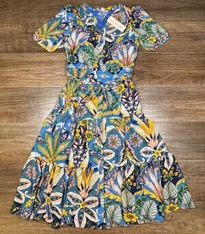 Nanette Lepore Studio Floral Tie Waist Midi Dress Womens Small Blue Green NWT